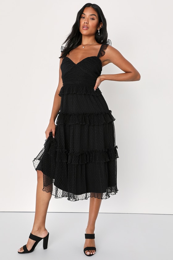 Swiss Dot Mesh Dress - Ruffled Dress - Tiered Dress - Black Dress - Lulus