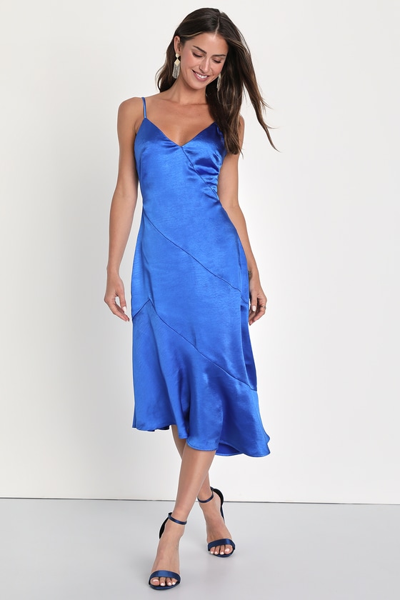 Lulus Elegant Instinct Cobalt Asymmetrical Bias-cut Slip Midi Dress In Blue