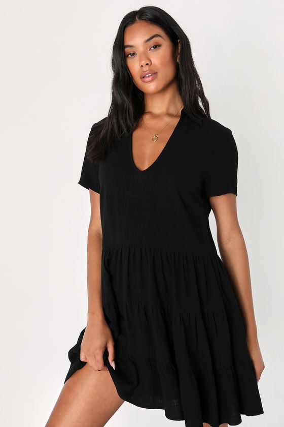 Black Collared Mini Dress - Tiered Linen Mini Dress - Cute Dress - Lulus