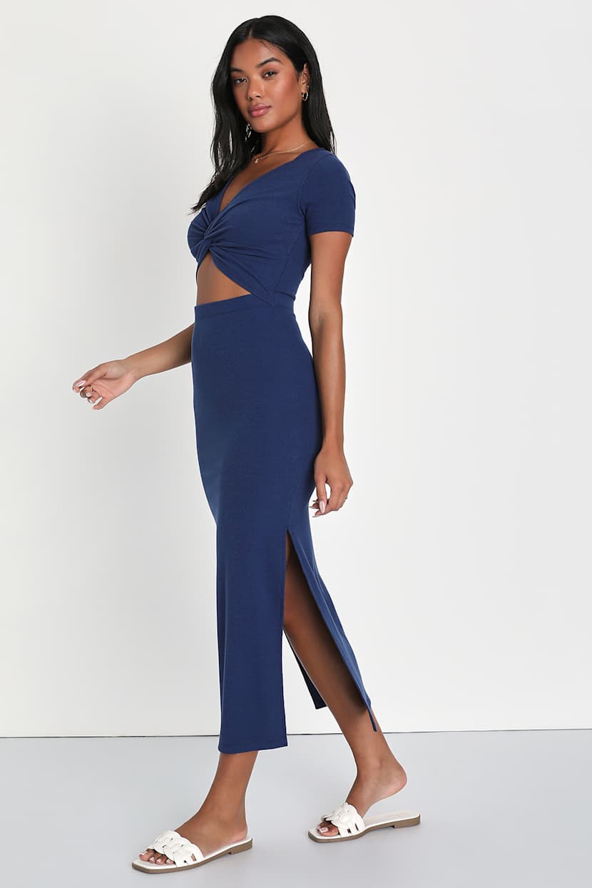 Navy Blue Dress - Twist Front Dress - Short Sleeve Midi Dress - Lulus Navy Blue Dress - Twist Front Dress - Short Sleeve Midi Dress - Lulus