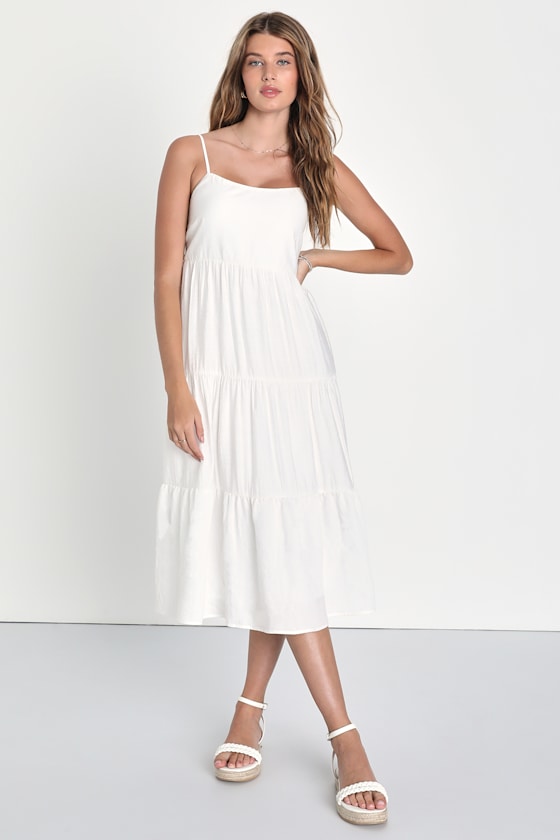 White Cotton Tie Back Midi Dress