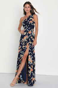 Elegant Admiration Navy Blue Floral One-Shoulder Maxi Dress