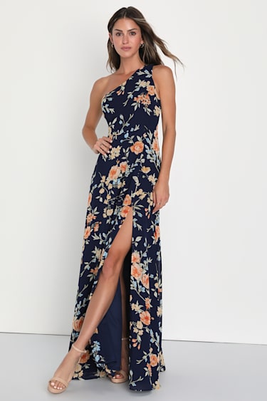 lulus navy bridesmaid dress Blue Floral One-Shoulder Maxi | Womens | XX-Small (Available in 3X, 2X, 1X, XS, S, M, L, XL) | 100% Polyester May be worn with Size:EU 41 | US 10 Floral maxi GHARDINGE0524 Island Style 101: How