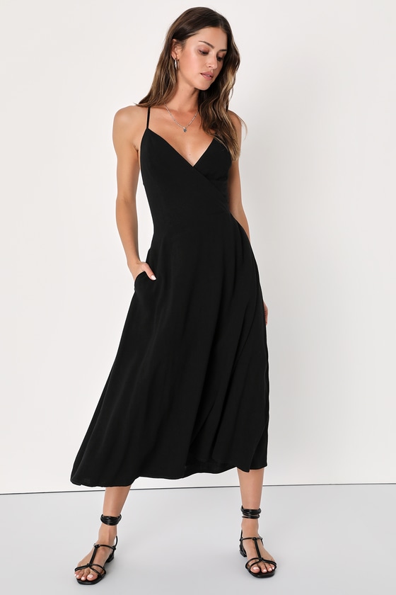 Lulus Warm Afternoons Black Linen Tie-back Midi Dress With Pockets