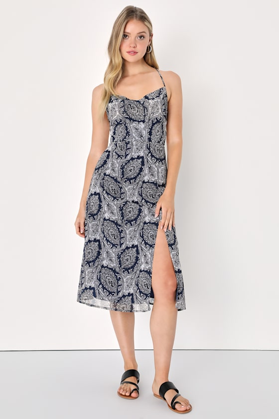 Navy Blue Paisley Dress - Backless Lace-Up Dress - Cute Dress - Lulus