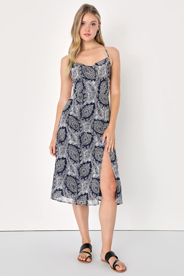 Navy Blue Paisley Dress - Backless Lace-Up Dress - Cute Dress - Lulus