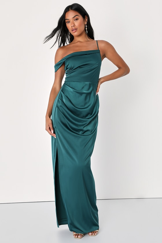 Emerald Maxi Dress - Satin Maxi Dress - One-Sleeve Dress - Lulus