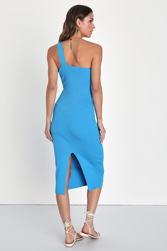 Blue Ribbed Dress - One-Shoulder Midi Dress - O-Ring Dress - Lulus