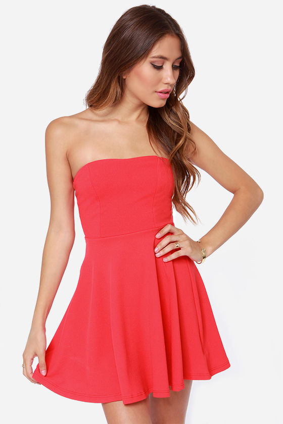 Cute Strapless Dress - Coral Red Dress - Skater Dress - $30.00