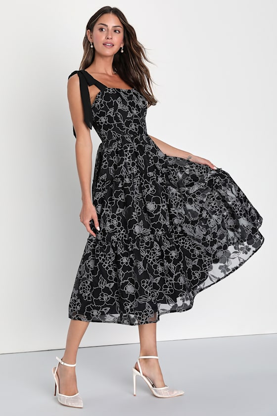 Black Floral Dress Tiered TieStrap Dress Floral Midi Dress Lulus