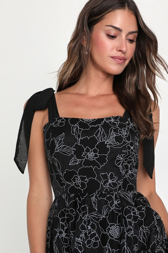 Black Floral Dress - Tiered Tie-Strap Dress - Floral Midi Dress - Lulus