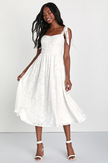 Radiant Delight White Burnout Ruched Tie-Strap Midi Dress
