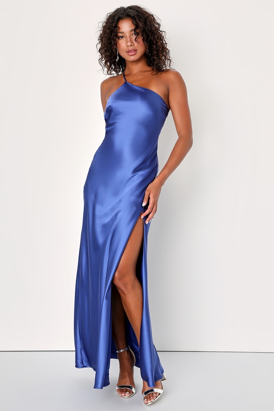 Blue Satin Maxi Dress - Asymmetrical Maxi Dress - Backless Dress - Lulus