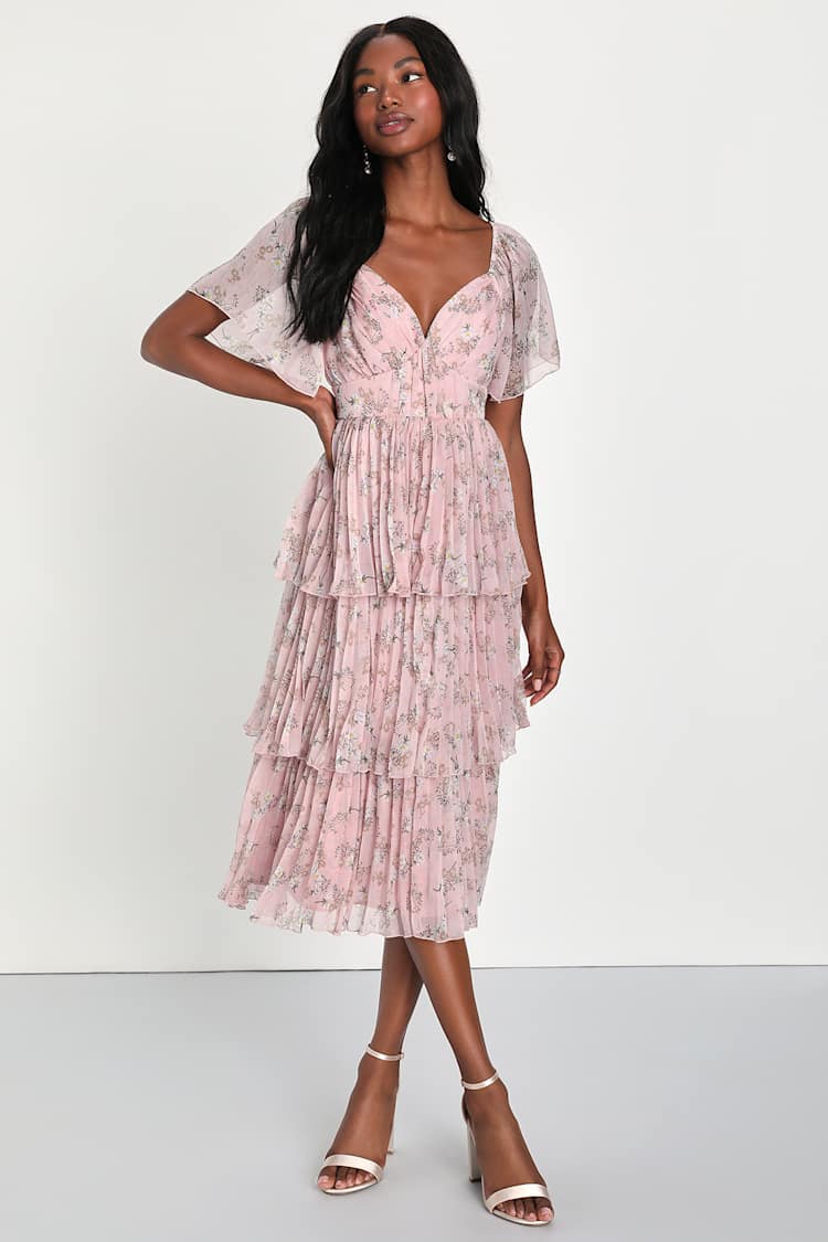 Mauve Floral Print Dress - Pleated Midi Dress - Tiered Midi Dress 