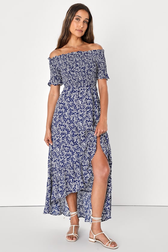 Fleur-tation Navy Blue Floral Print Off-the-Shoulder Midi Dress 11