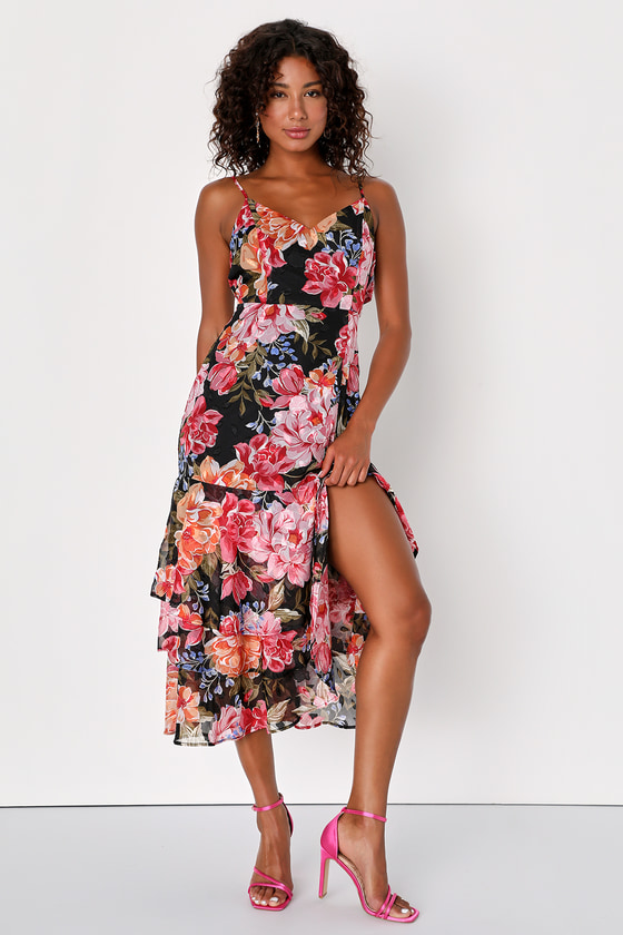 Black Tiered Midi Dress - Floral Jacquard Dress - Tie-Back Dress - Lulus