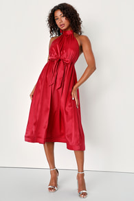 Effortless Grace Wine Red Organza Halter Midi Dress