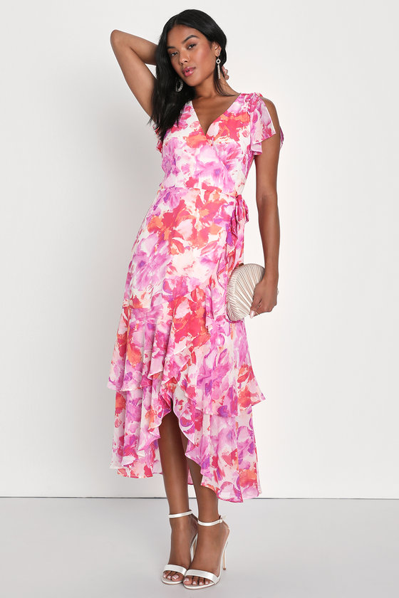 Pink Floral Print Dress - Tiered Midi Dress - Midi Wrap Dress - Lulus