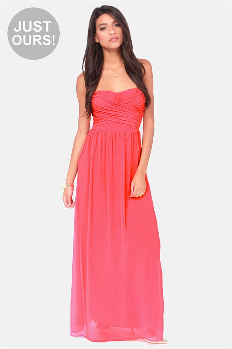 lulus coral maxi dress Lovely Coral Red Maxi Dress - Coral Red Surplice Bridesmaid Dress