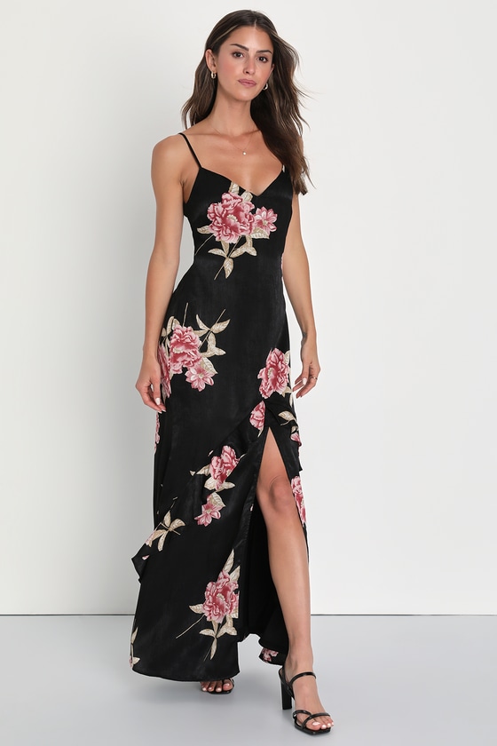 Lulus Elegant Excellence Black Floral Print Satin Maxi Dress