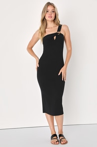 Flirty Demeanor Black Ribbed Knit One-Shoulder Midi Dress