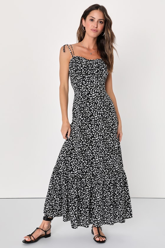 Black Floral Print Dress - Tie-Strap Maxi Dress - Empire Dress - Lulus