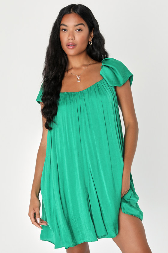 Lulus Florentine Feelings Green Satin Flutter Sleeve Shift Mini Dress