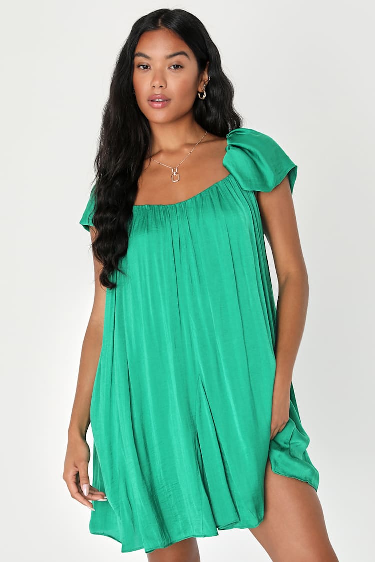 Green Satin Mini Dress - Flutter Sleeve Dress - Shift Mini Dress - Lulus