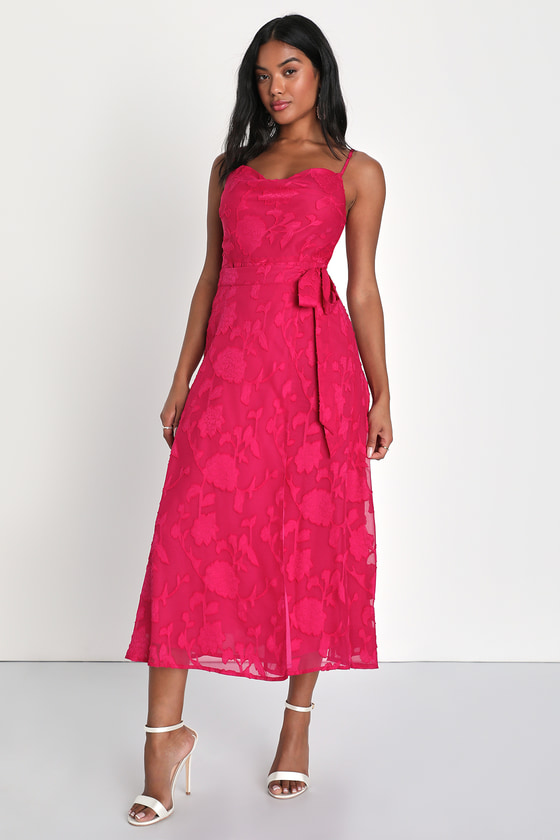 Magenta Dress - Floral Faux Wrap Dress - Cowl Midi Dress - Lulus