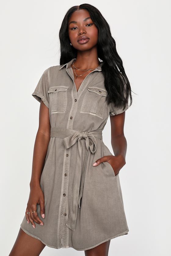 Olive Green ButtonUp Dress Shirt Dress With Pockets Dress Lulus