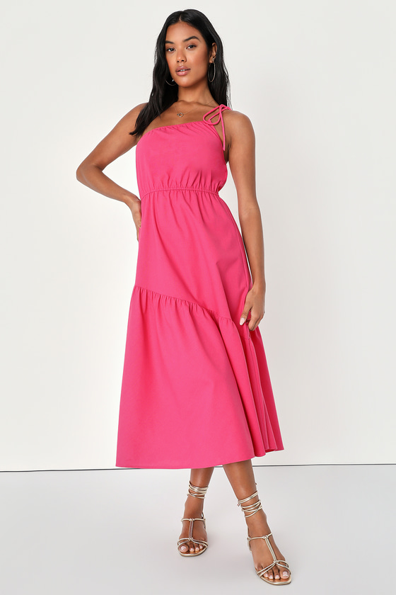 Lulus Gorgeous Instinct Hot Pink Asymmetrical One-shoulder Midi Dress