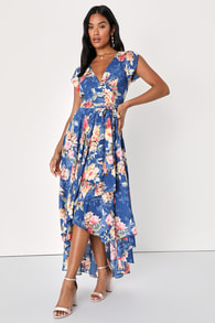 French Countryside Blue Floral Print High-Low Dress