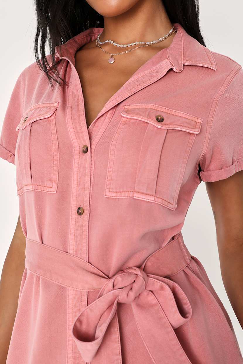 chinese dress ladies Pink Collared Button Front Self Tie Eyelet Midi Dress – SSYS