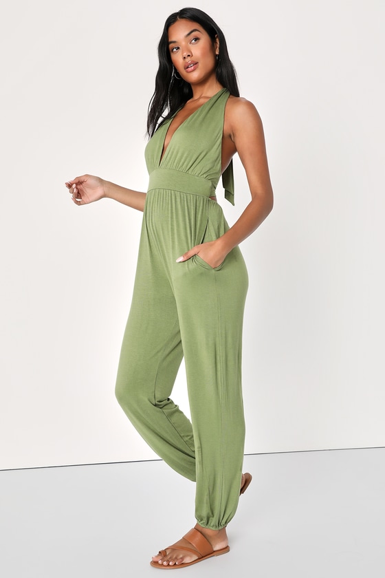 Lulus Chill Daze Olive Green Tie-back Halter Jumpsuit