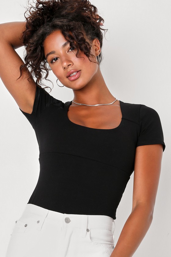 Flirty Black Ribbed Top - Short Sleeve Top - Cutout Top - Lulus