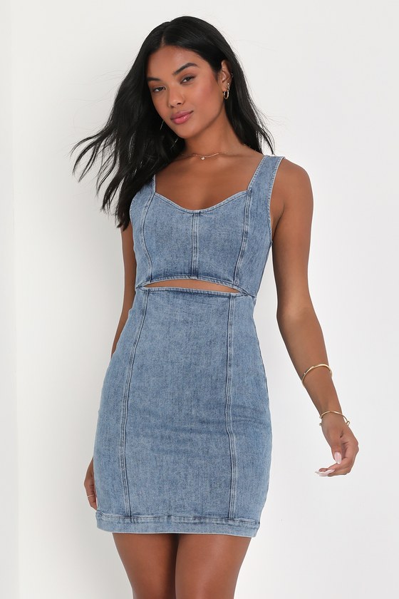 Lulus Charming Edge Light Blue Denim Cutout Mini Dress