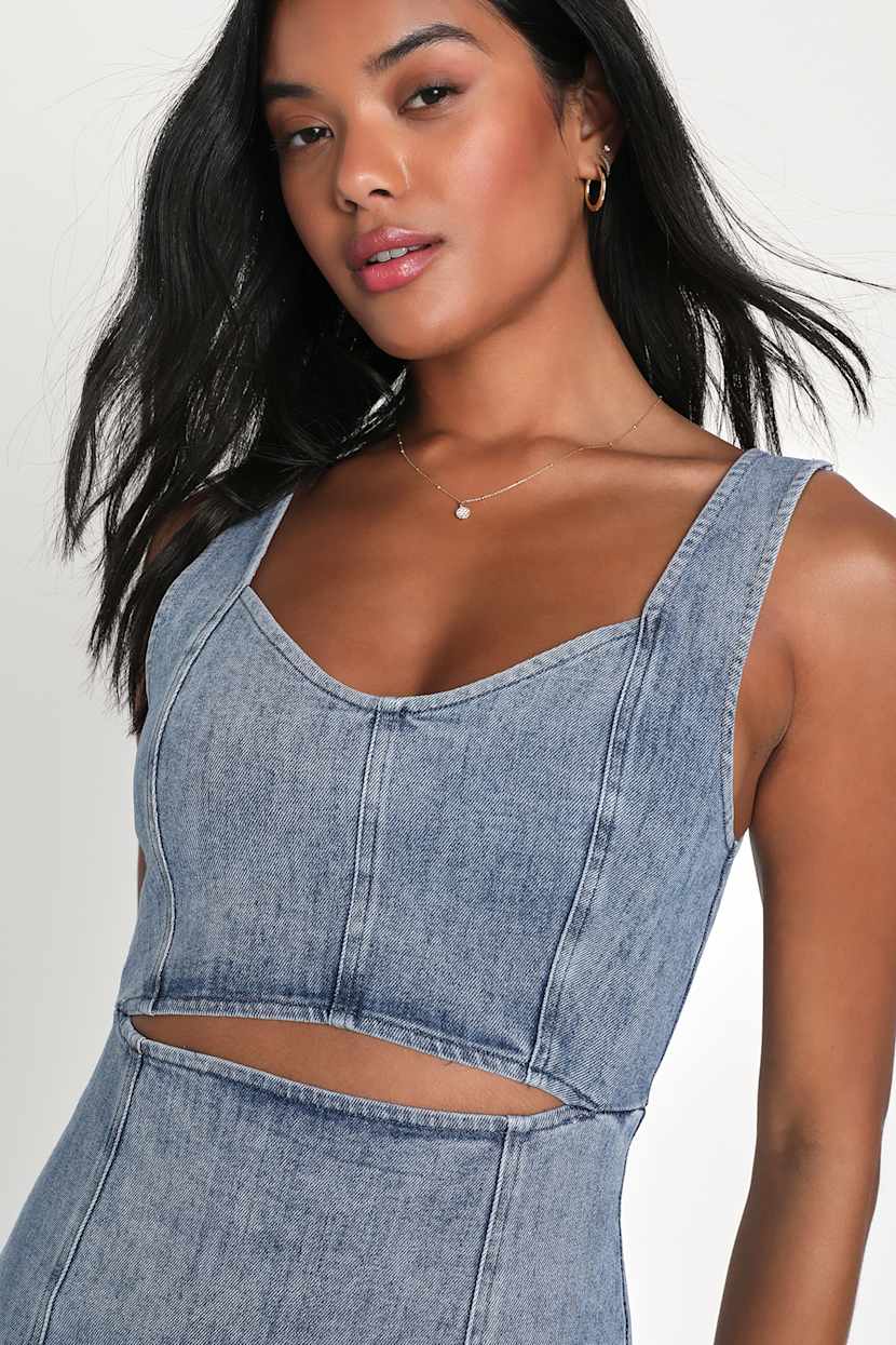 denim dress lulus Lulus | Blue So Delighted Medium Wash Denim Corset Seam Mini Dress | Womens | XXL (Available in XS, S, M, L, XL)