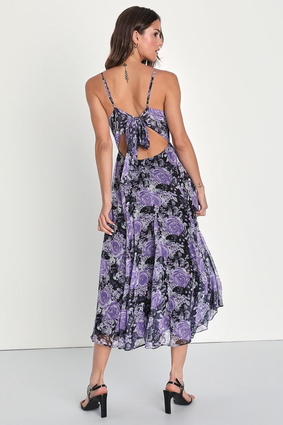 Black Floral Midi Dress - Floral Tie-Back Dress - Surplice Dress - Lulus