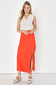 Poised in Portofino Coral Orange Linen Slit Maxi Skirt