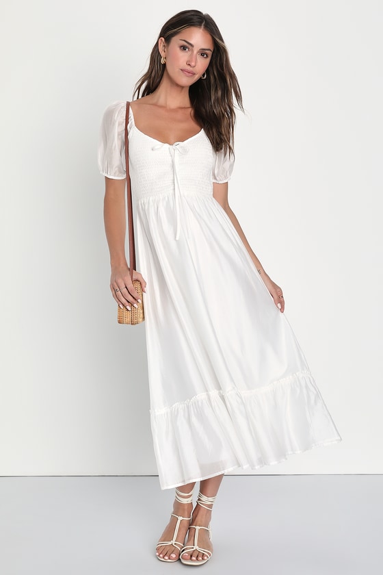 Lulus Inspiring Feelings White Smocked Puff Sleeve Midi Dress