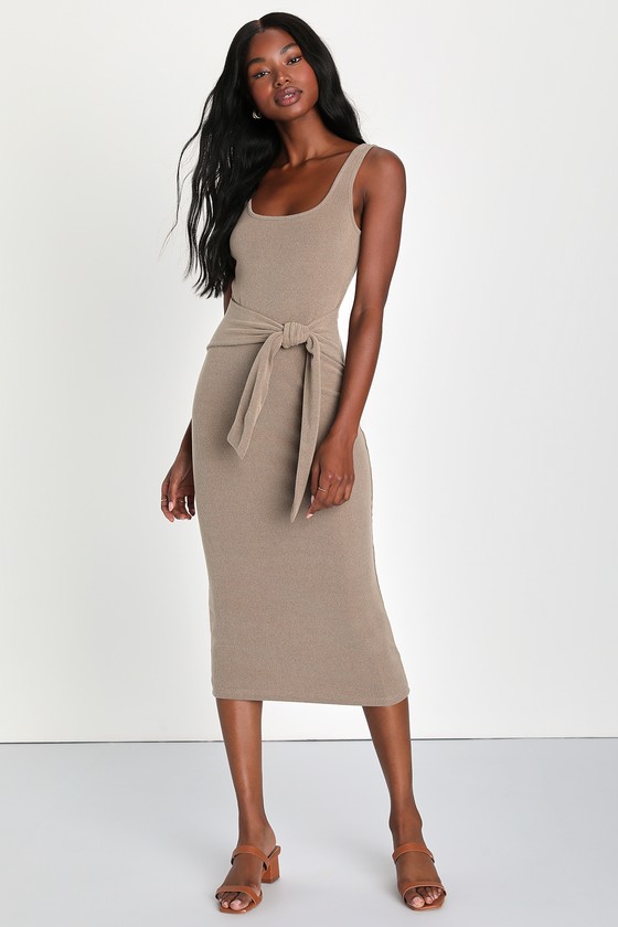 Lulus Optimistic Essence Taupe Ribbed Knit Tie-front Midi Dress