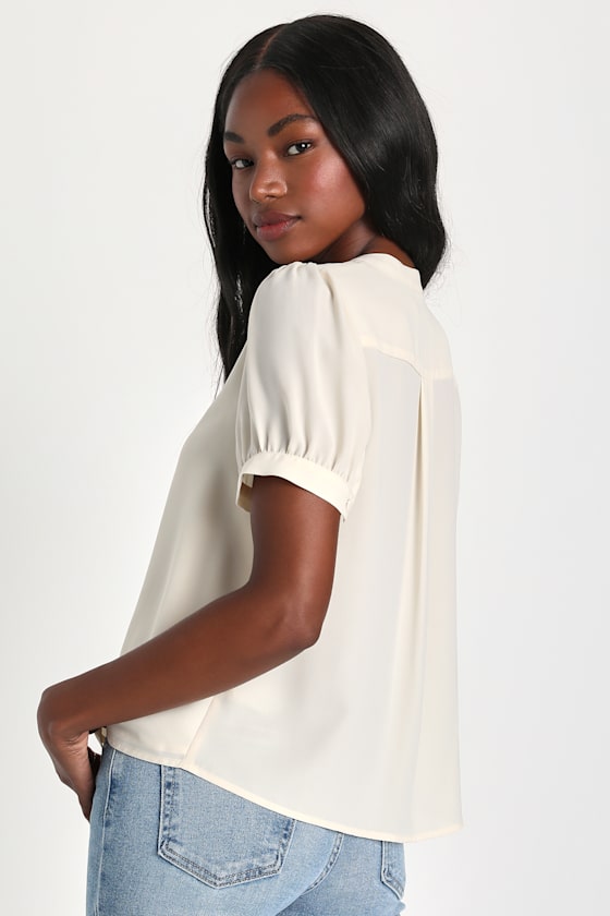 Cream Button-Up Blouse - Puff Sleeve Blouse - Office Chic Top - Lulus