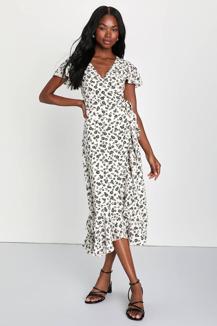 Ivory Floral Midi Dress - Floral Wrap Dress - Surplice Midi Dress