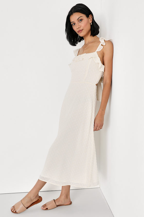 Lulus Sun-kissed Style White And Beige Gingham Backless Midi Dress
