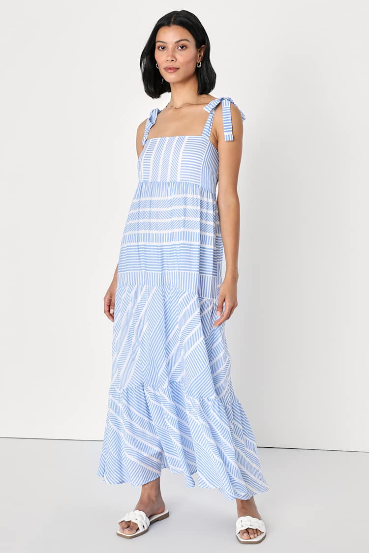 White and Blue Geo Print Dress - Tie-Strap Maxi Dress - Sundress - Lulus
