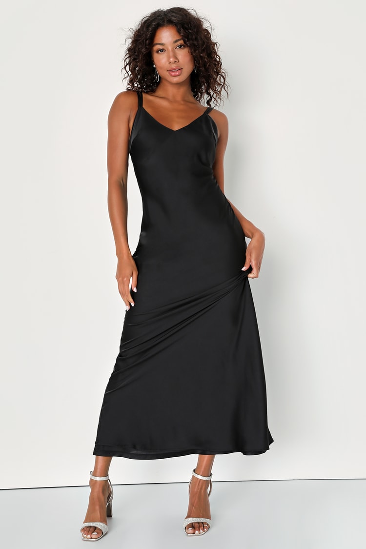 Chic Entrance Black Satin Backless Slip Maxi Dress