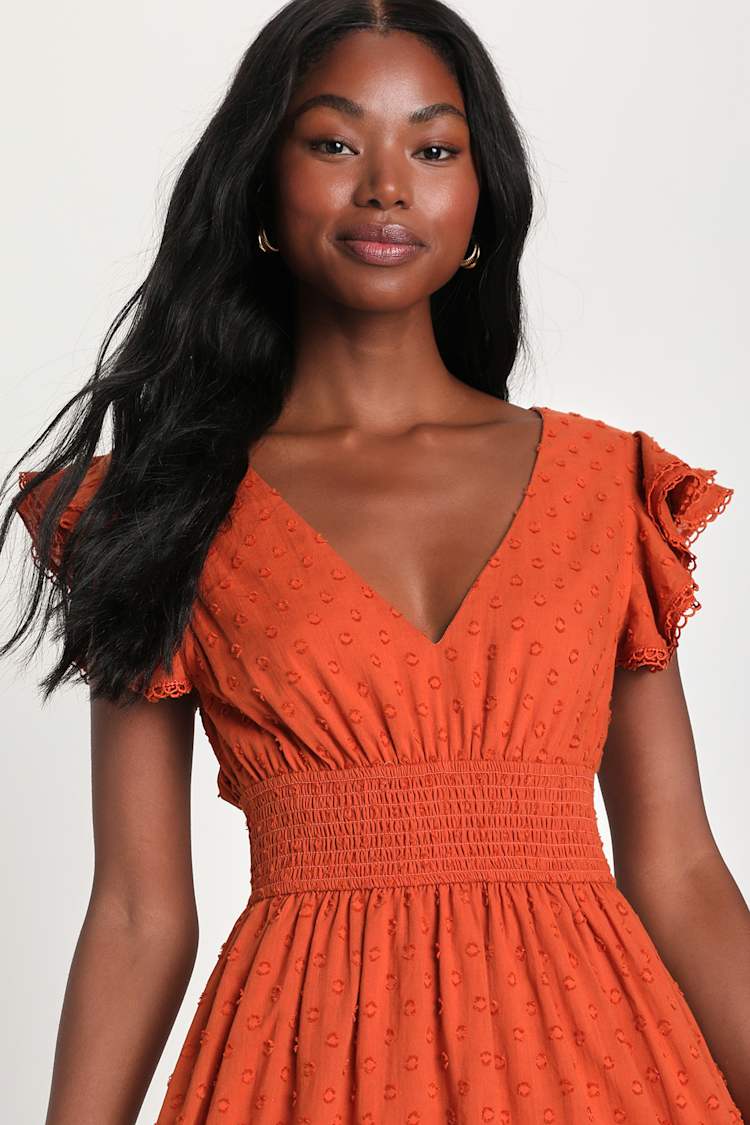 dreaming of you rust orange swiss dot midi dress Pretty Rust Orange Dress - Swiss Dot Dress - Lace Midi Dress