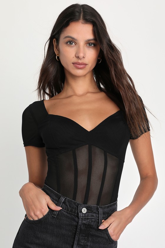 Black Mesh Bodysuit Short Sleeve Bodysuit Bustier Bodysuit Lulus