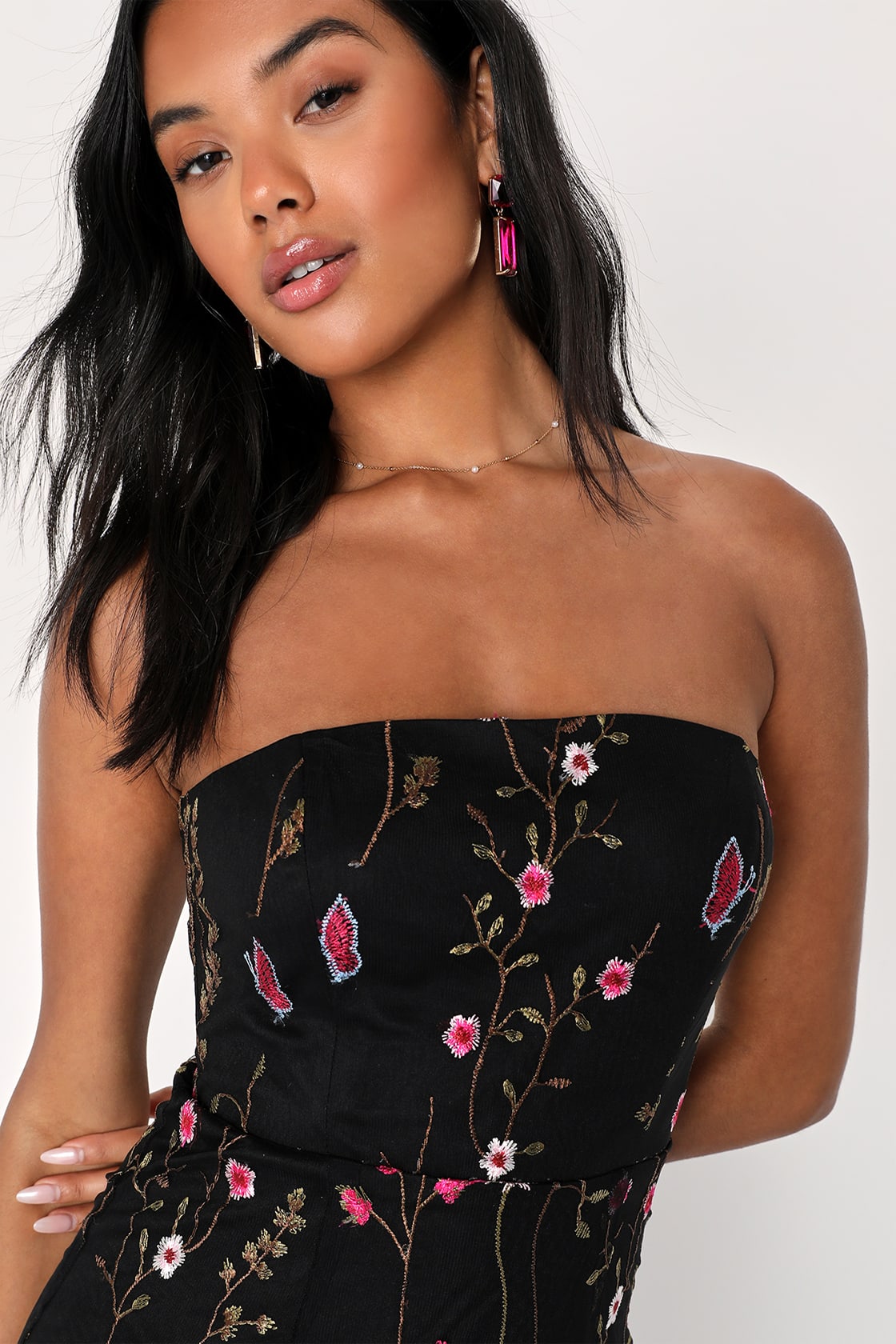Bold Botanicals Black Floral Embroidered Strapless Midi Dress