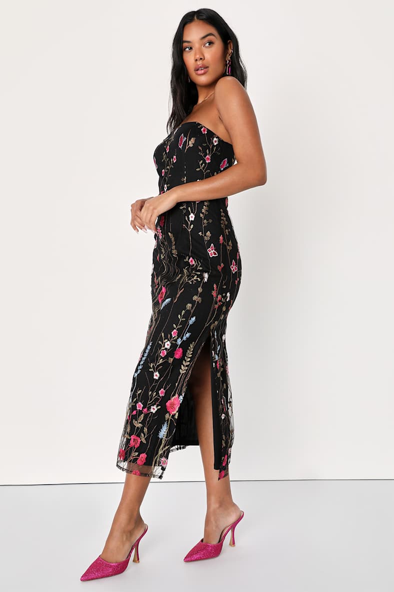 Bold Botanicals Black Floral Embroidered Strapless Midi Dress